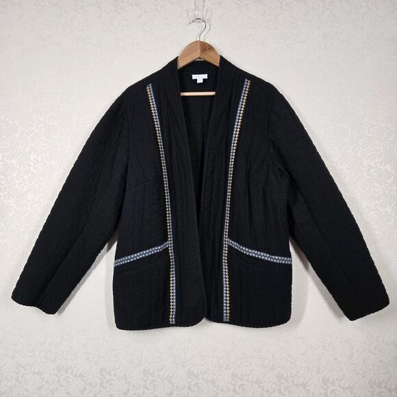 J Jill Pure Jill Seersucker Jacket Blazer XL TALL Black Open Front Embroidered - Picture 16 of 16